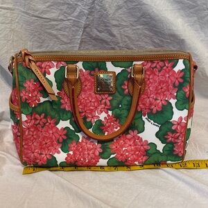 Dooney & Bourke Pink Floral Satchel with Green Leaves and Tan Trim
